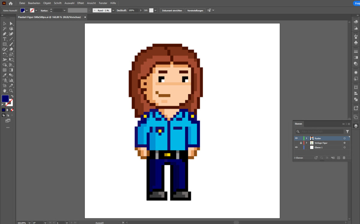 Screenshot des Arbeitsbereichs mit einer neuen Pixel-Art Figur, die von der Vorlage in Merkmalen wie Farbe und Kleidung abweicht.