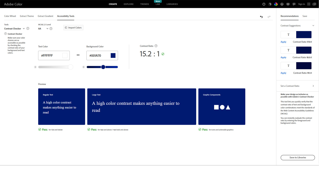 Screenshot der Website Adobe Contrast Checker. Die Farbkombination "Weiß auf Blau" besteht den Kontrast-Test.