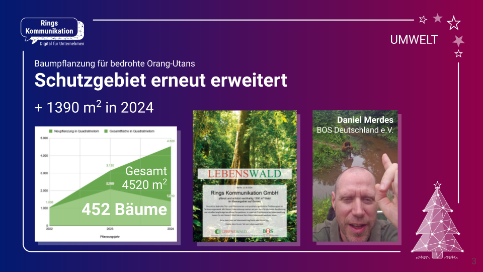 Wir haben 1390 Quadratmeter neuen Regenwald gespendet. Dadurch konnten 425 neue Bäume angeplanzt werden. Das belegen eine Urkunde von BOS Deutschland e.V. sowie der Screenshot einer Videobotschaft, die uns Dnaile Merdes von BOS Deutschland e.V. gesendet hat.