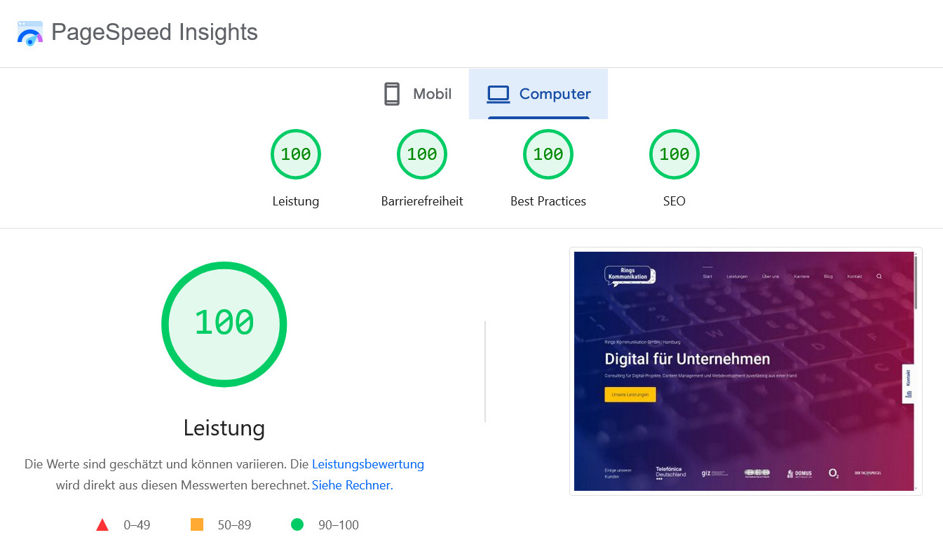 Screenshot der PageSpeed Insights. Die Rings Kommunikation Website erreicht durchgehend die Maximalwertung. Der Link führt zur Website der PageSpeed Insights.