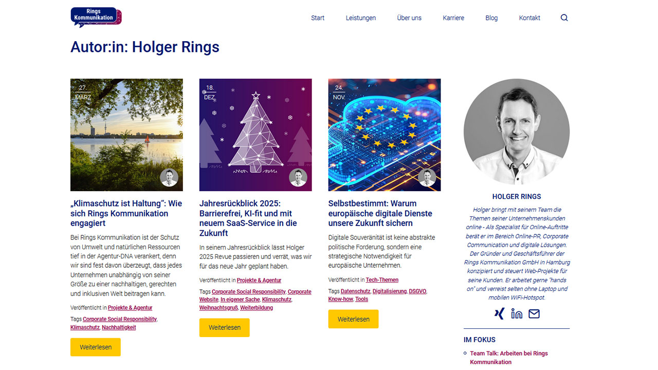 „Screenshot der Autorenseite von Holger Rings auf der Website von Rings Kommunikation. Zu sehen sind mehrere Blogbeiträge zu Klimaschutz, Digitalisierung und digitalen Diensten sowie eine Autorenbox mit Porträtfoto, Links zu Social Media und Kurzbeschreibung des Geschäftsführers.