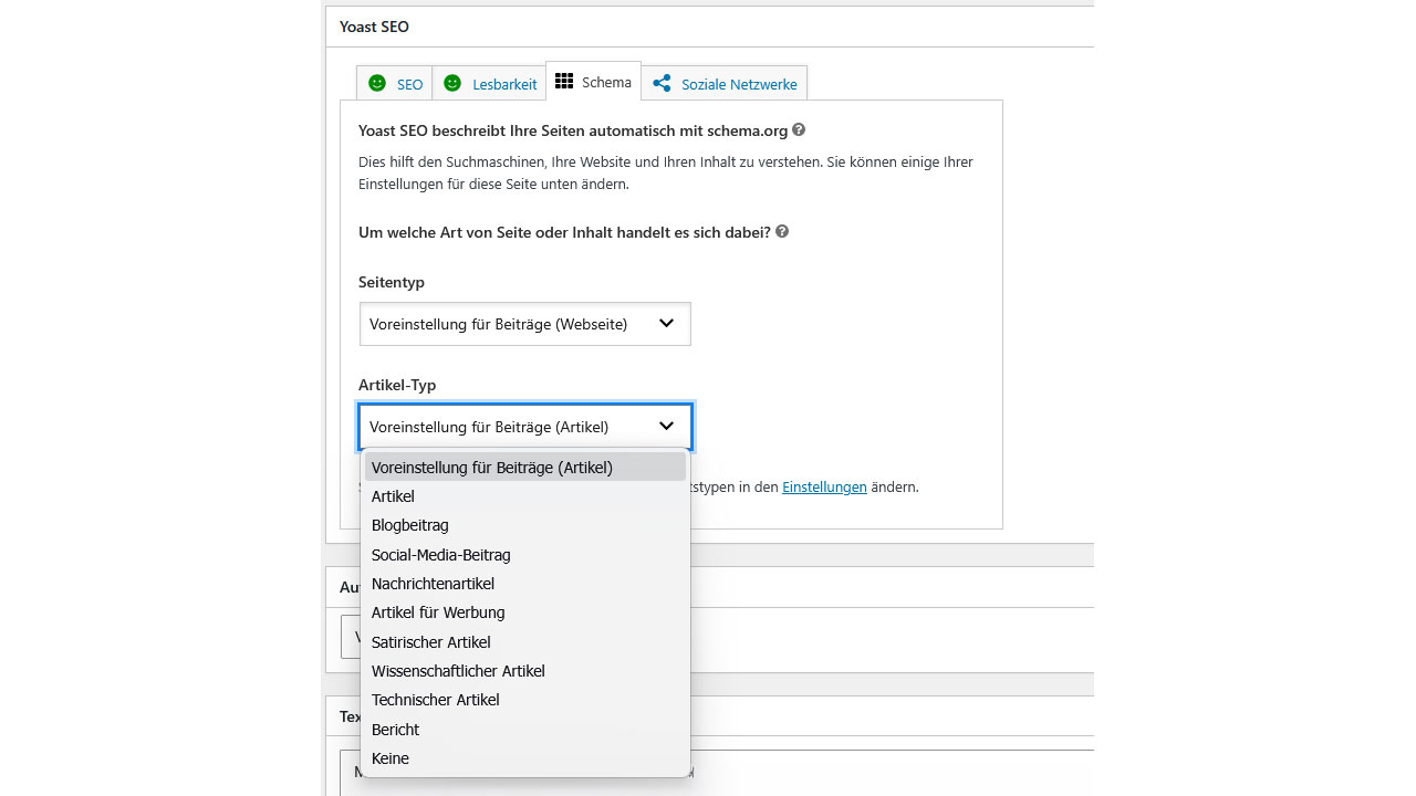 Screenshot des WordPress-Plugins Yoast SEO im Tab 'Schema'. Der Bereich zeigt die automatische Seitenbeschreibung mit schema.org. Das Dropdown-Menü für den 'Artikel-Typ' ist blau umrandet und geöffnet. Es zeigt eine Liste von auswählbaren Optionen wie Voreinstellung für Beiträge, Artikel, Blogbeitrag, Social-Media-Beitrag, Nachrichtenartikel und weitere Inhaltstypen.