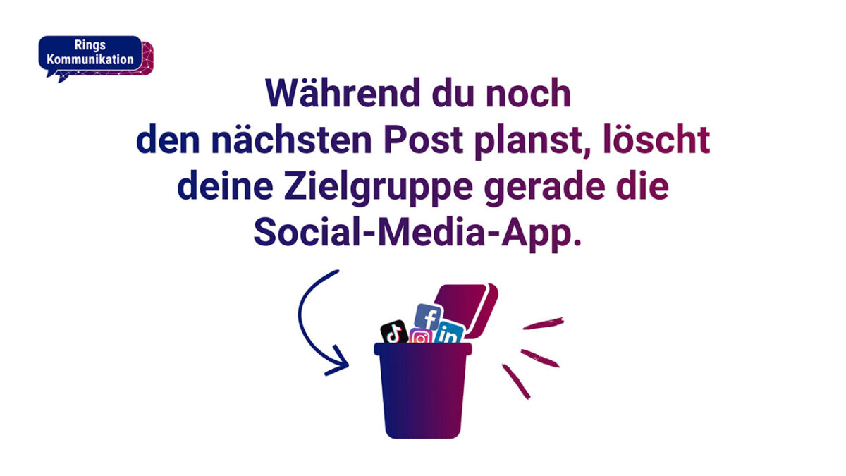 Visual mit dem Text: Wärhend du noch den nächsten Post planst, löscht deine Zielgruppe gerade die Social-Media-App. Darunter befindet sich ein Mülleimer mit Social Media Icons. 