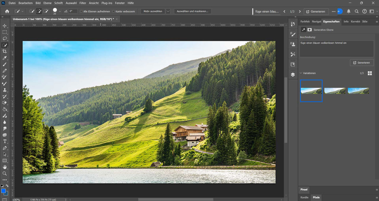 Landschaftsbild im Photoshopinterfacemit verändertem Himmel mittels KI