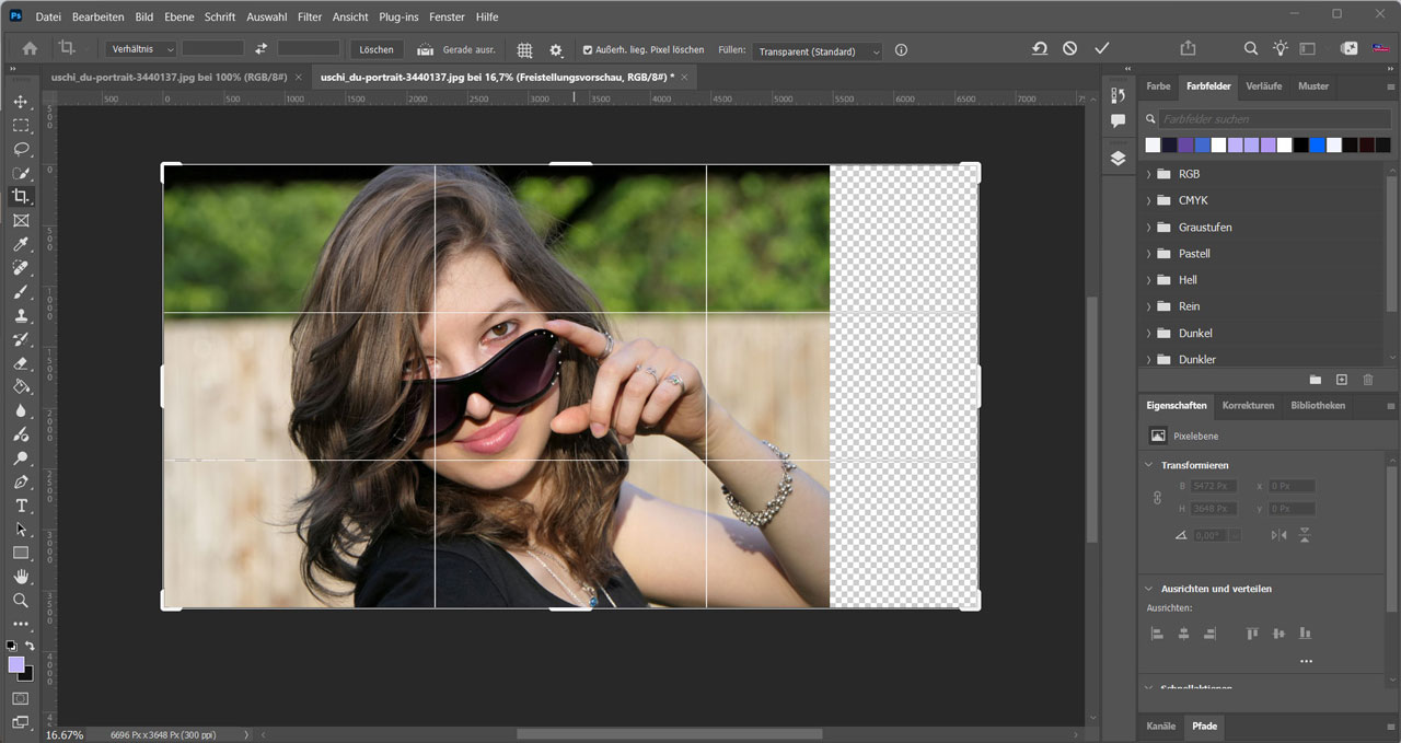 Foto einer jungen Frau im Photoshopinterface, welches auf einer erweiterten Leinwand steht.
