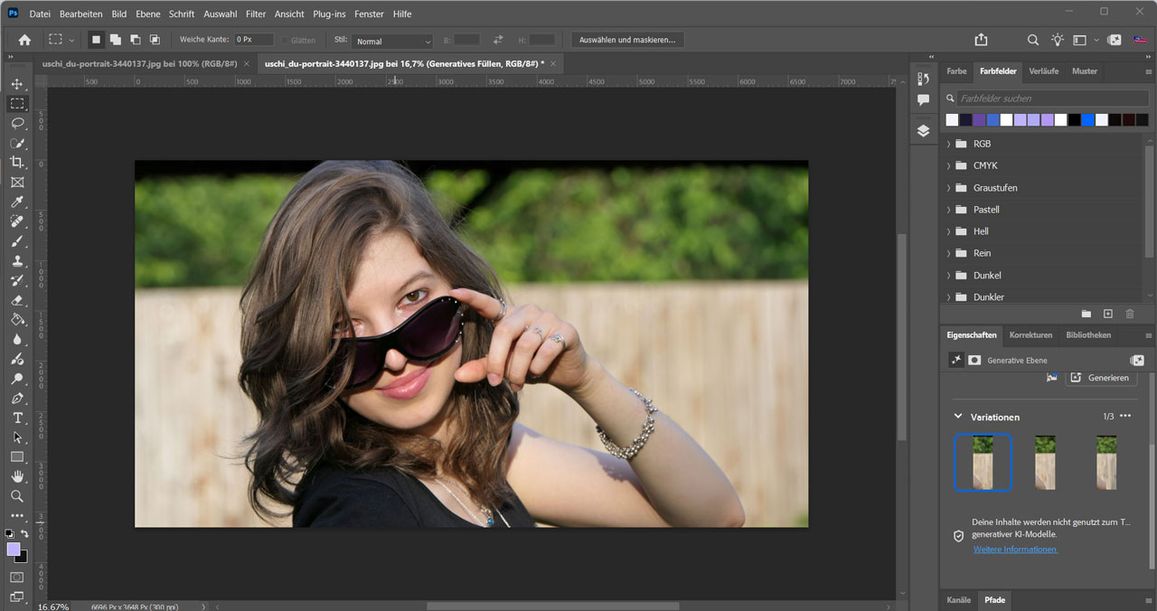 Foto einer jungen Frau im Photoshopinterface, welches durch KI rechts nahtlos erweitert wurde.